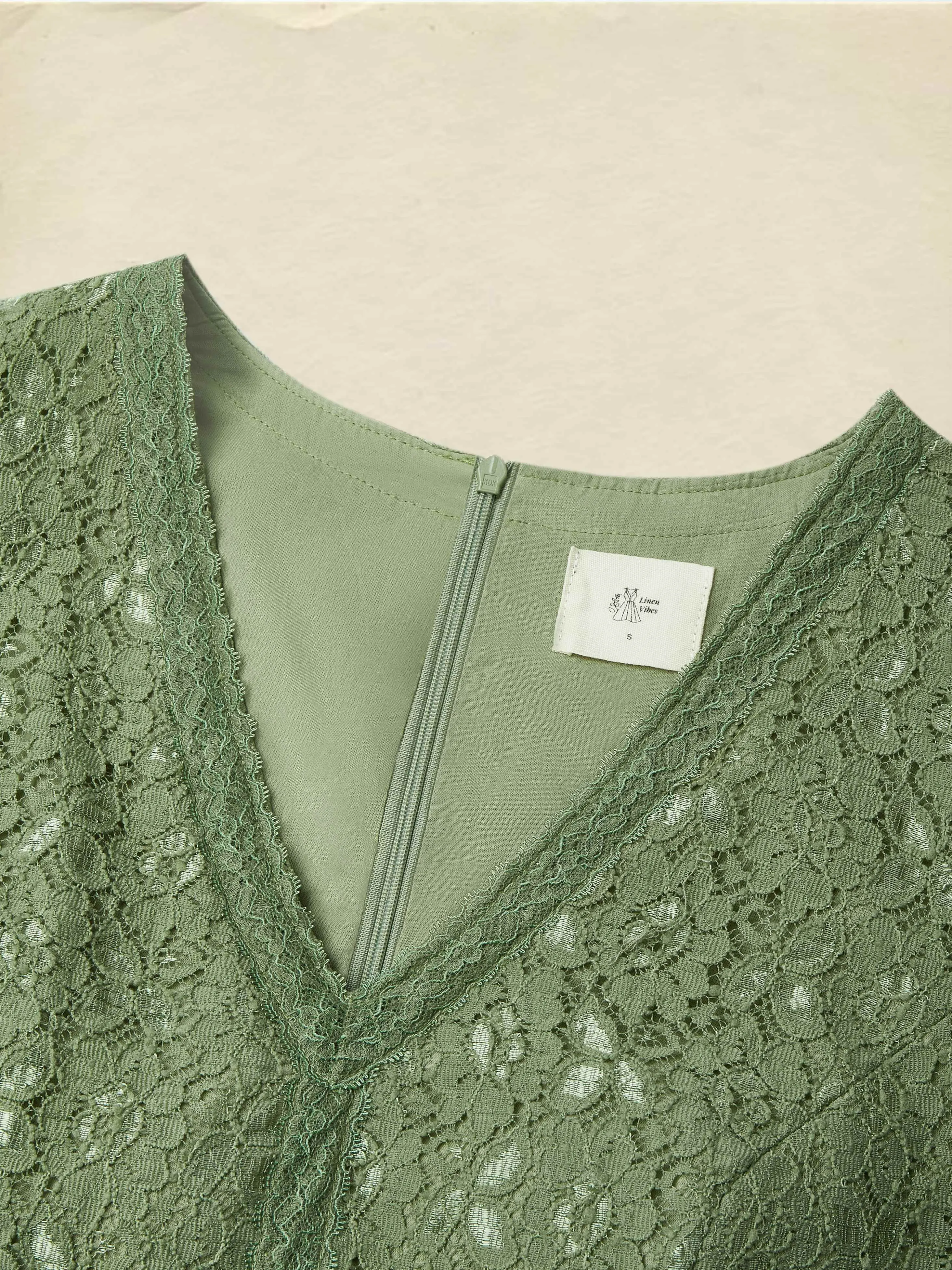 Midi Linen Dress , Half Sleeve, V Neck, Plain, Lace, Vintage, Army Green - Army Green