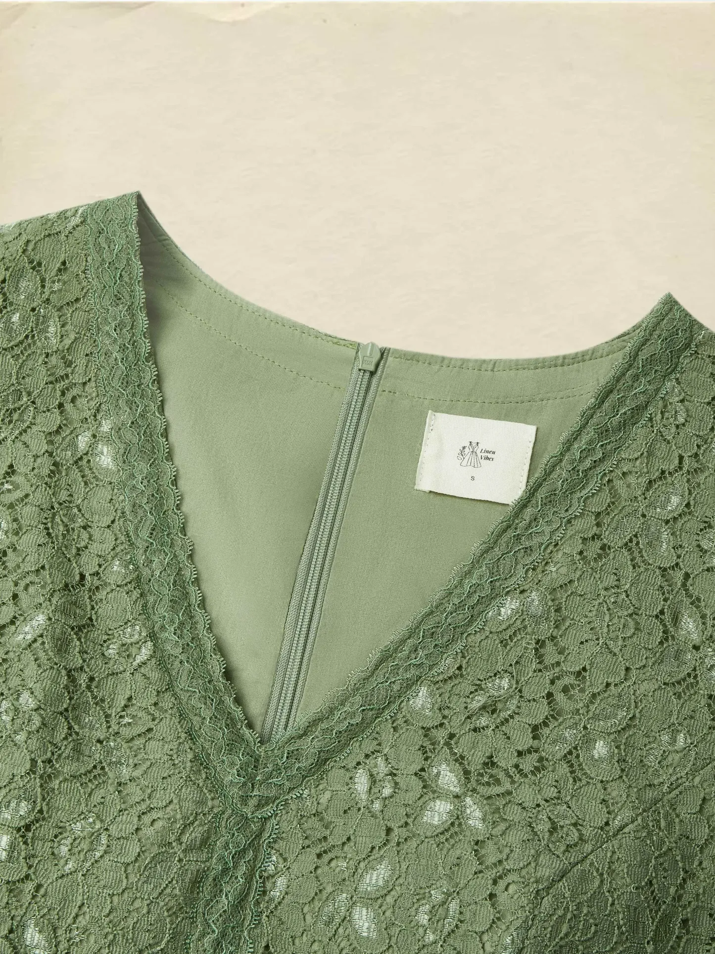 Midi Linen Dress , Half Sleeve, V Neck, Plain, Lace, Vintage, Army Green - Army Green