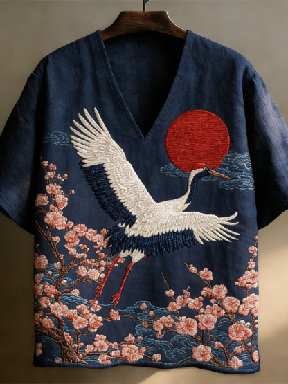 Men's Japanese-style Linen Short-sleeved V-neck Shirt With Crane And Floral Pattern - Navy blue