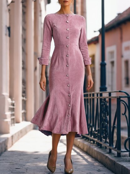 Midi Cotton Dress, Half Sleeve, Boat Neck, Plain, Button Design, Vintage, Pink - Pink