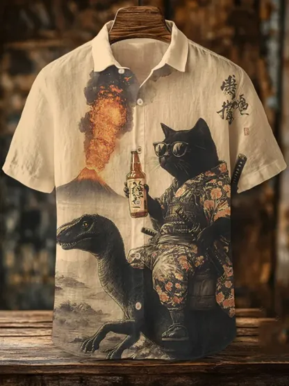 Men's Samurai Black Cat Drinking In Front Of The Volcano Print Short Sleeve Shirt - Beige