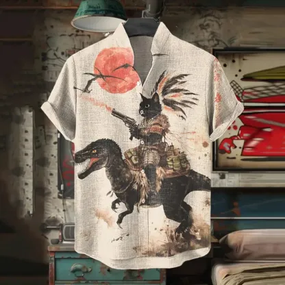 Men's Retro Tribal Black Cat Rides A Dinosaur Print Short Sleeve Shirt - Khaki