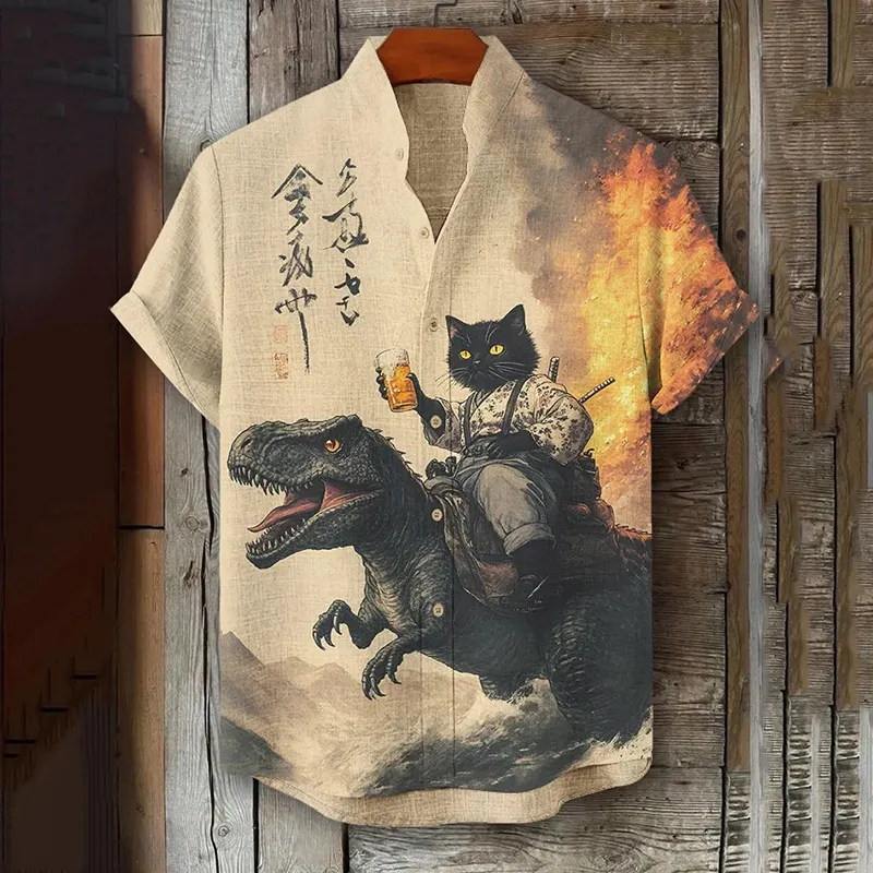 Men's Black Cat Samurai Dinosaur With Beer Print Short Sleeve Shirt - Beige