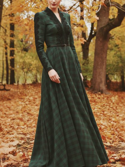 Maxi Linen Dress, Long Sleeves, V Neck, Plaid, Lace, Vintage, Deep Green - Deep Green