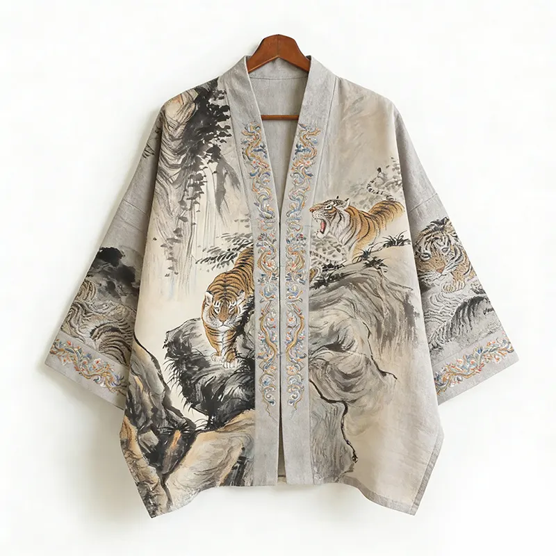Landscape Painting And Tiger Art Pattern Linen Kimono Cardigan - Grey
