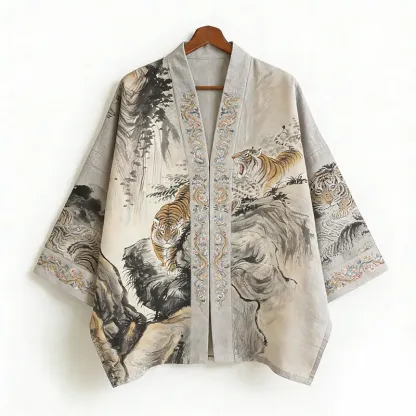 Landscape Painting And Tiger Art Pattern Linen Kimono Cardigan - Grey