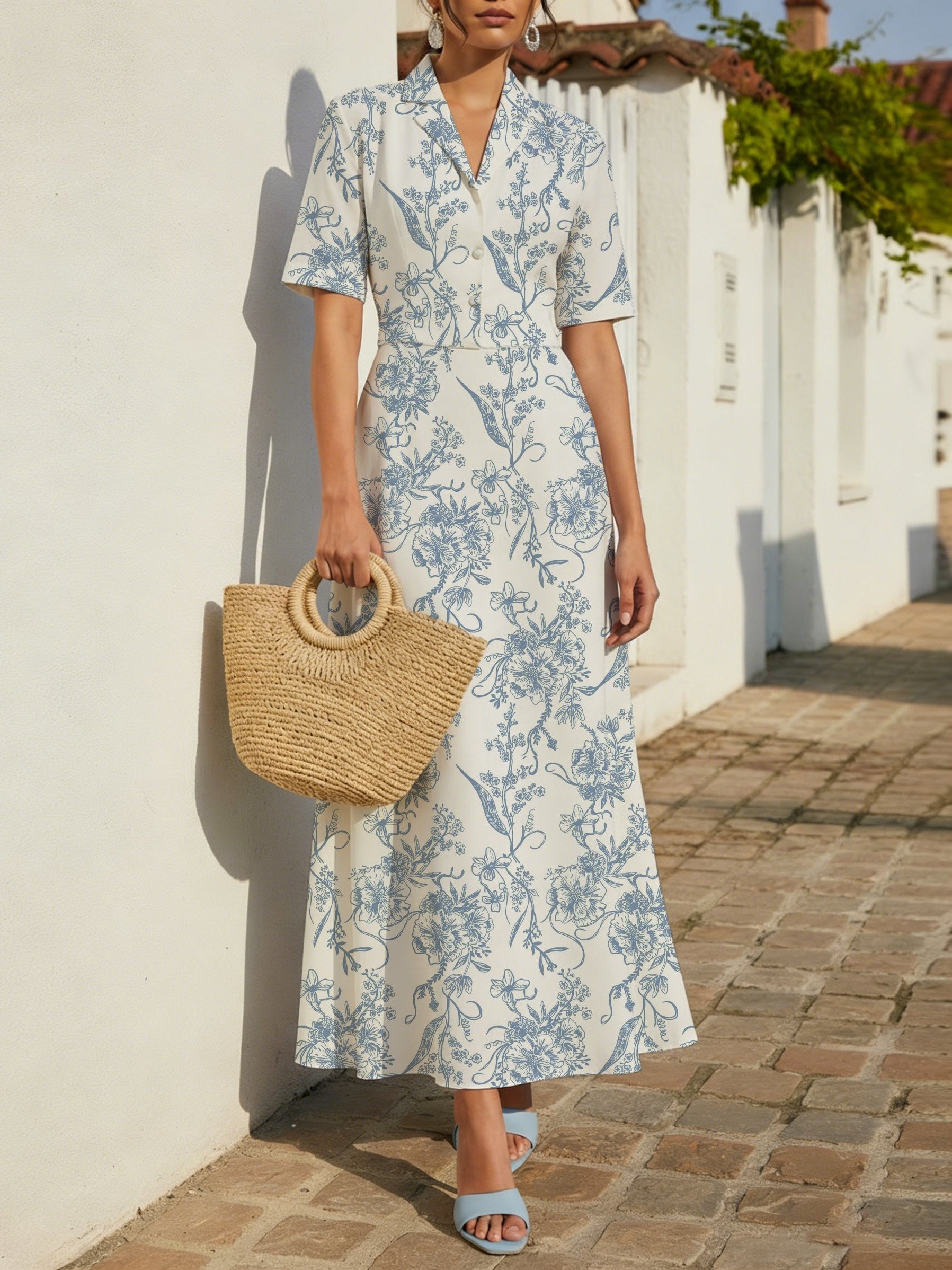 Maxi Linen Dress, Short Sleeves, Lapel Collar, Paisley, Floral, Button Design, Vintage, Blue - Blue