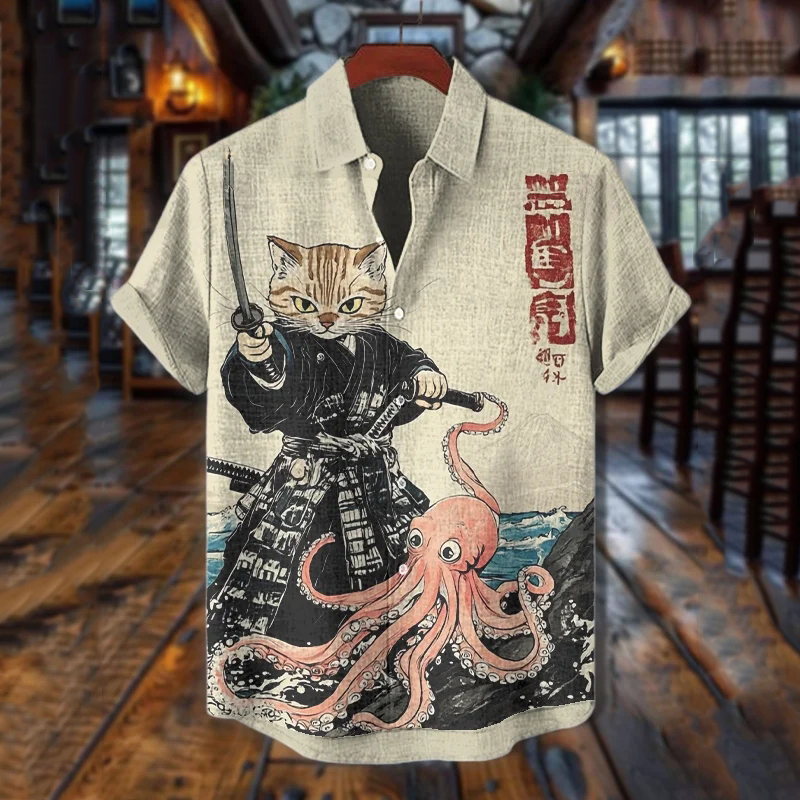Men's Japanese Art Octopus Cat Warrior Print Short Sleeve Shirt - Khaki