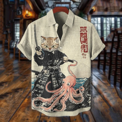 Men's Japanese Art Octopus Cat Warrior Print Short Sleeve Shirt - Khaki