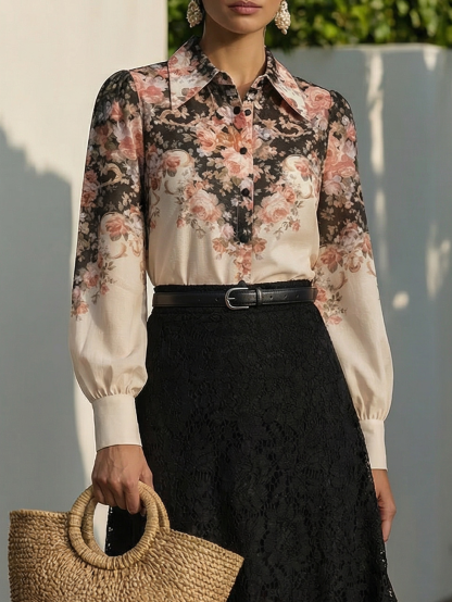 Cotton Shirt, Long Sleeves, Shawl Collar, Floral, Button Design, Vacation, Vintage, Apricot - Apricot
