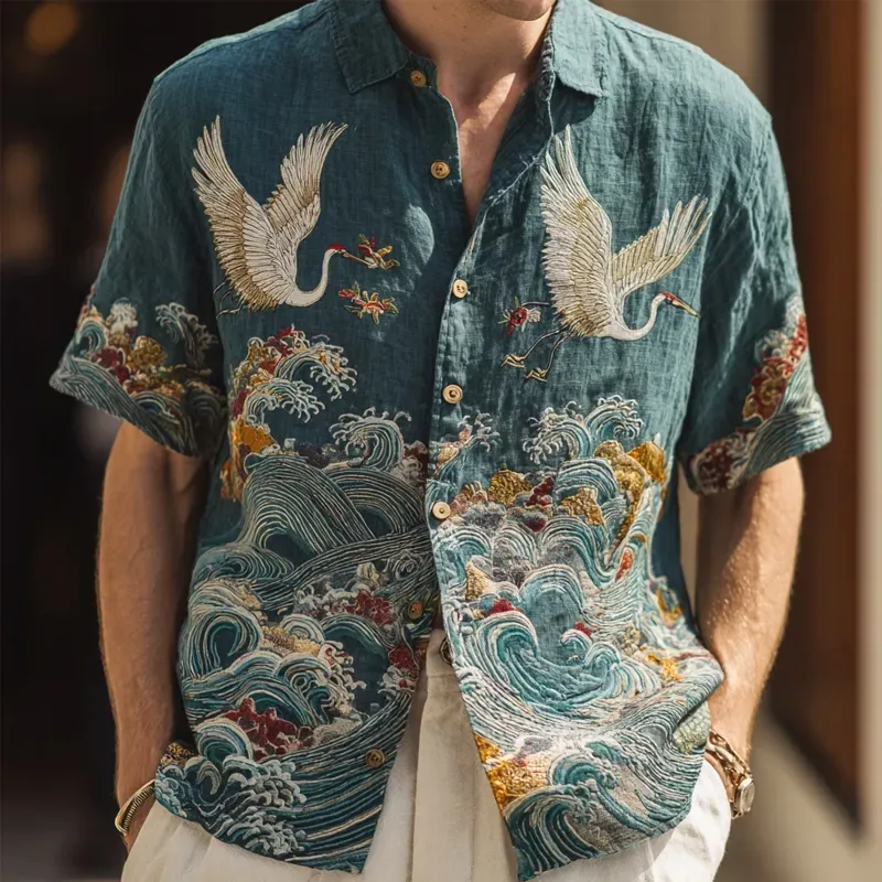 Men's Japanese Waves & Cranes Embroidered Comfy Linen Shirt - Blue