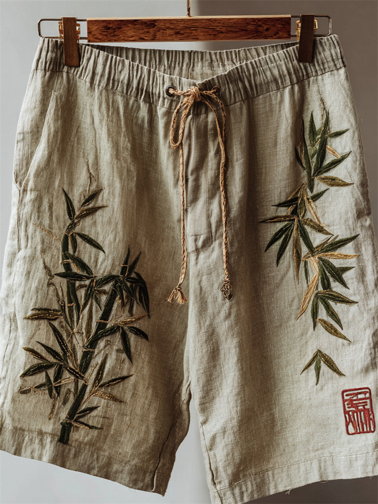 Vintage Japanese Bamboo Embroidered Linen Shorts - Beige