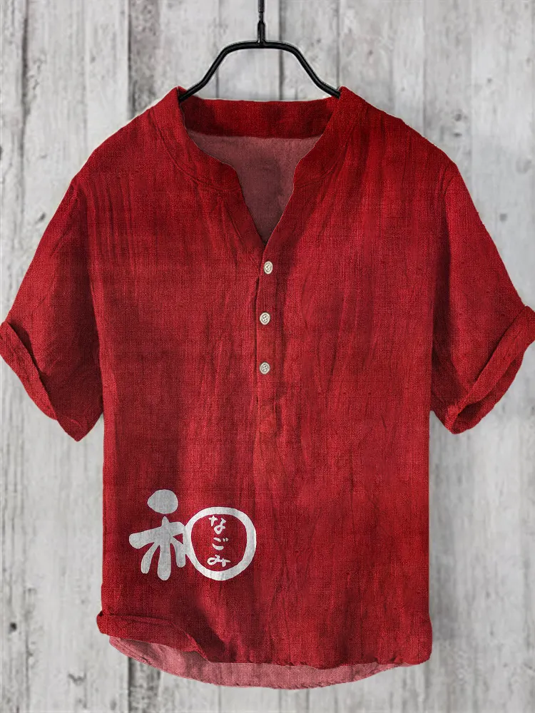 Japanese Word Art Linen V-Neck Shirt - Red