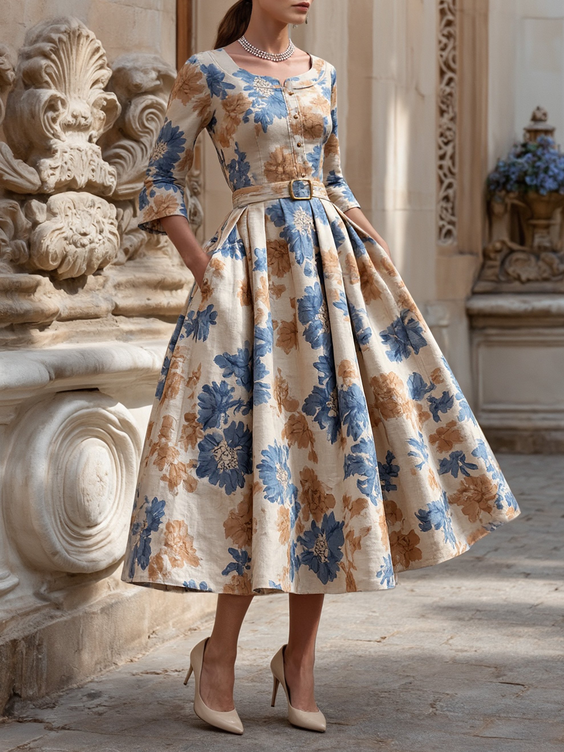 Midi Cotton Dress, Half Sleeve, Round Neck, Floral, Belt Design, Vintage, Khaki - Khaki