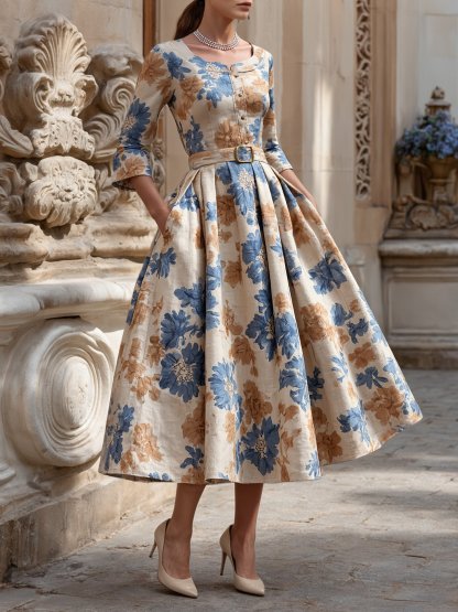 Midi Cotton Dress, Half Sleeve, Round Neck, Floral, Belt Design, Vintage, Khaki - Khaki