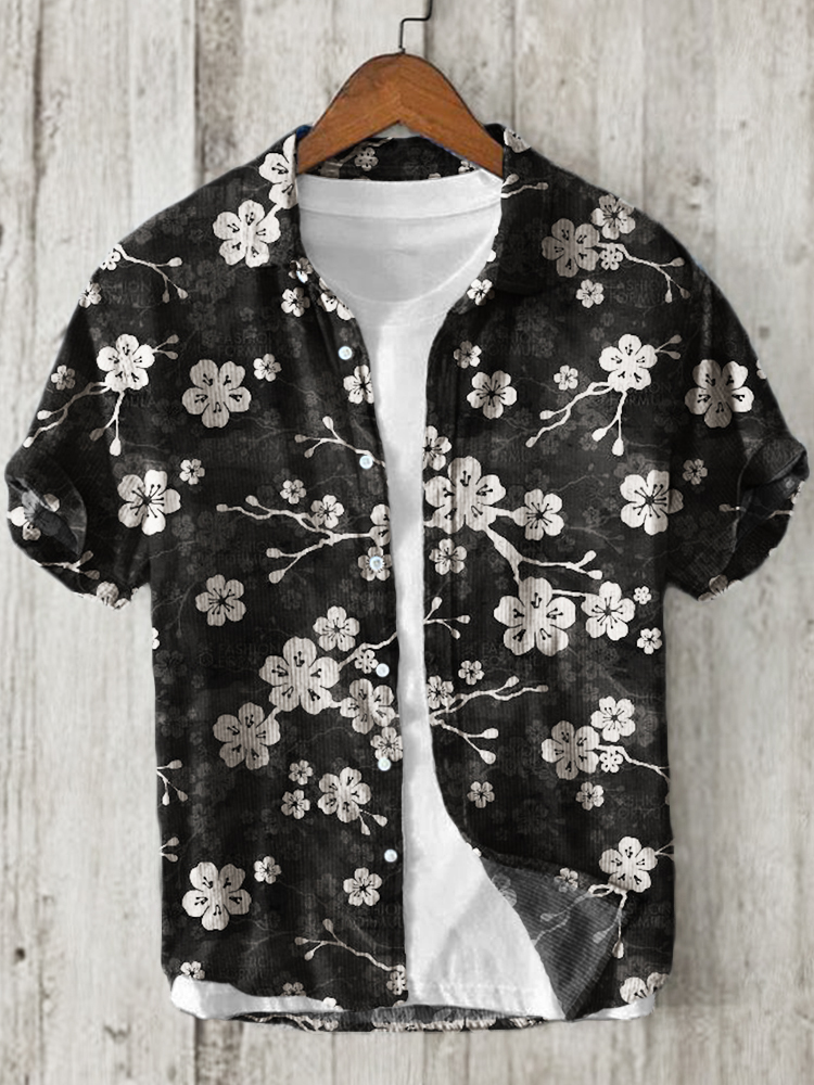 Cherry Blossom Japanese Pattern Linen Blend Shirt - Black