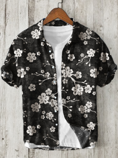 Cherry Blossom Japanese Pattern Linen Blend Shirt - Black