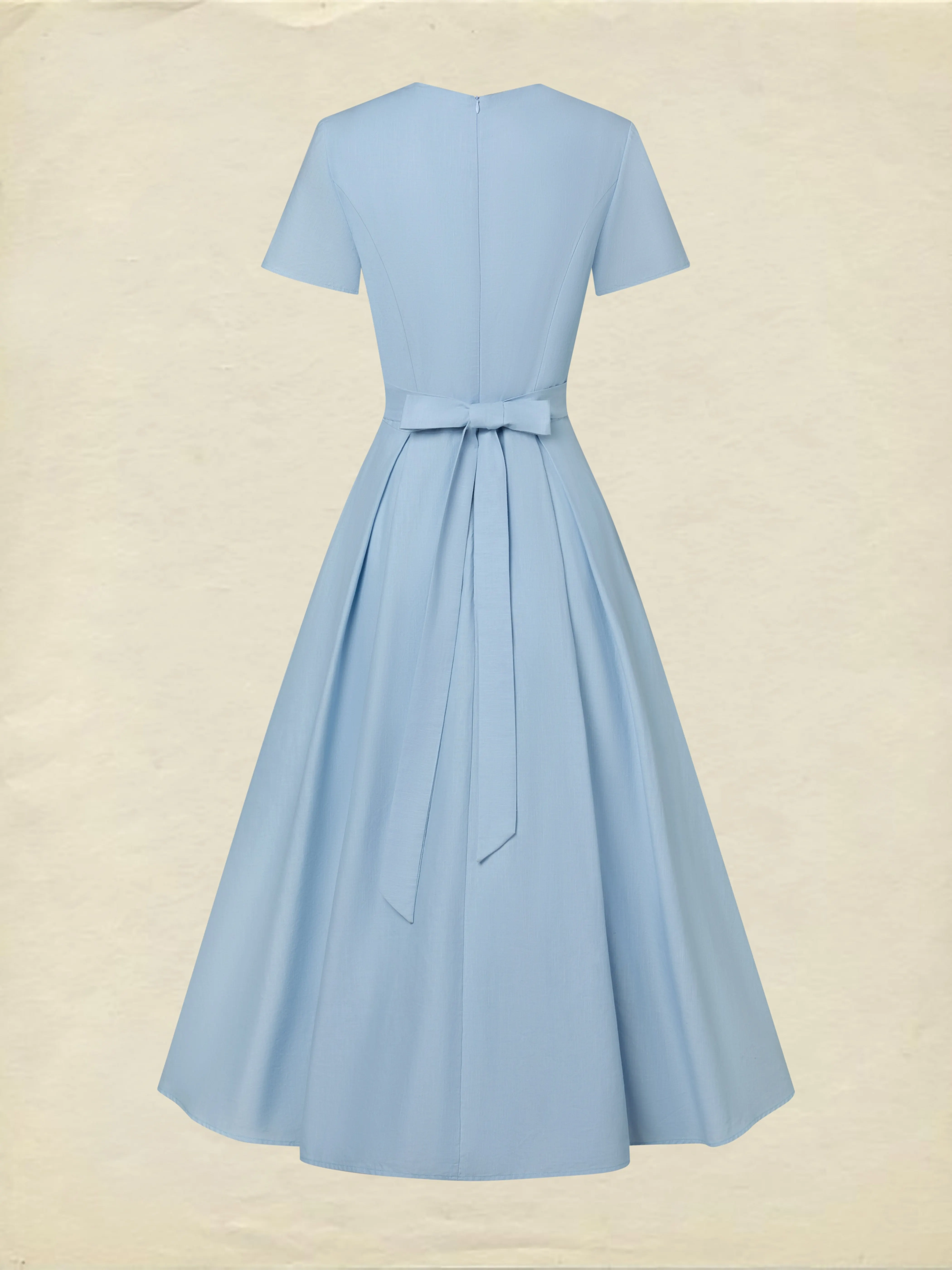 Maxi Linen Dress, Short Sleeves, V Neck, Plain, Lace, Vintage, Blue - Blue
