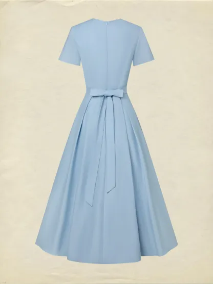 Maxi Linen Dress, Short Sleeves, V Neck, Plain, Lace, Vintage, Blue - Blue