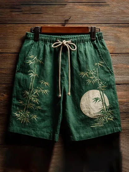 Japanese Bamboo Art Print Linen Blend Casual Shorts - Green