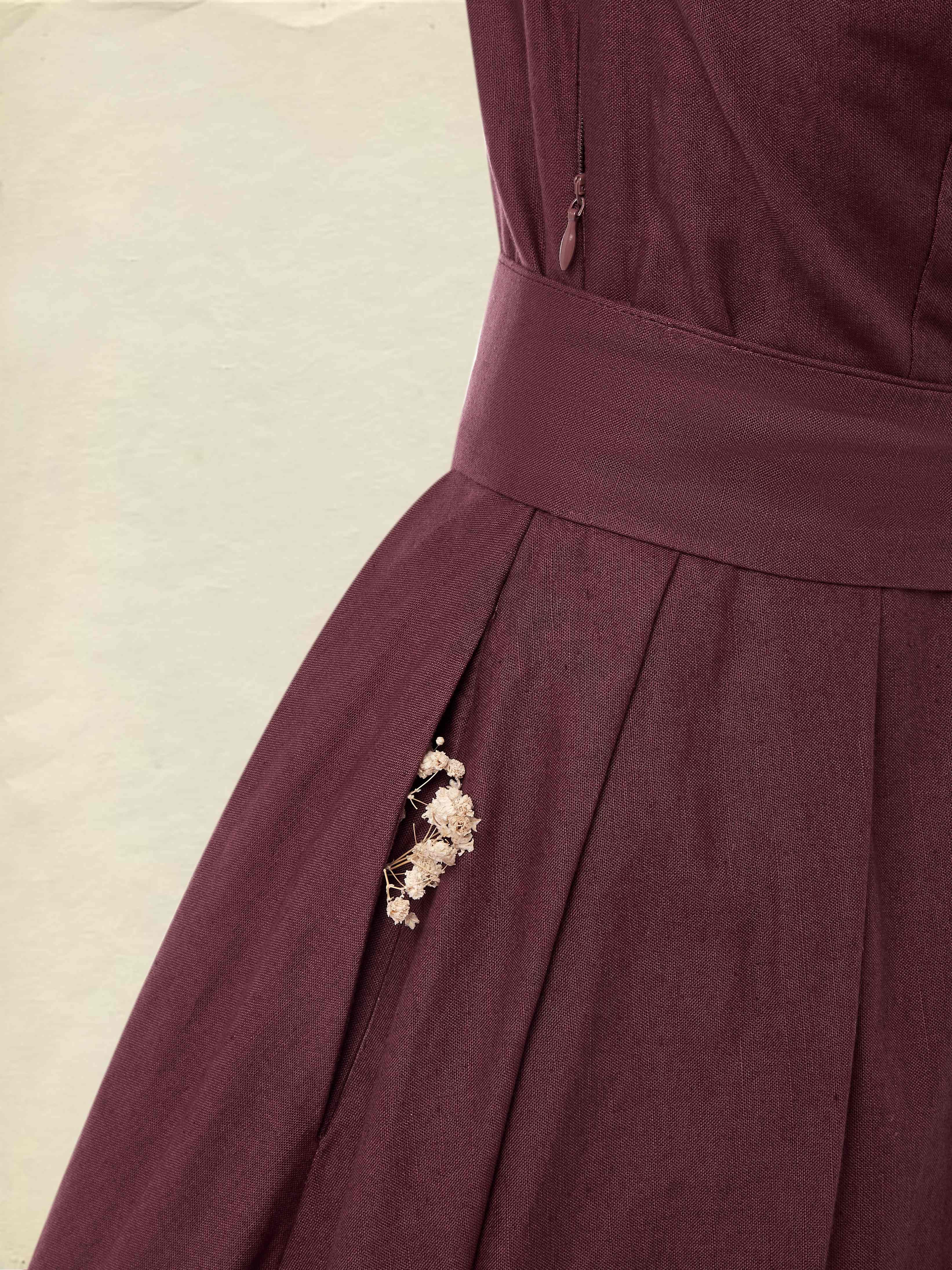 Midi Cotton Dress, Long Sleeves, One Shoulder, Plain, Belt Design, French Vintage, CAMEO BROWN - CAMEO BROWN