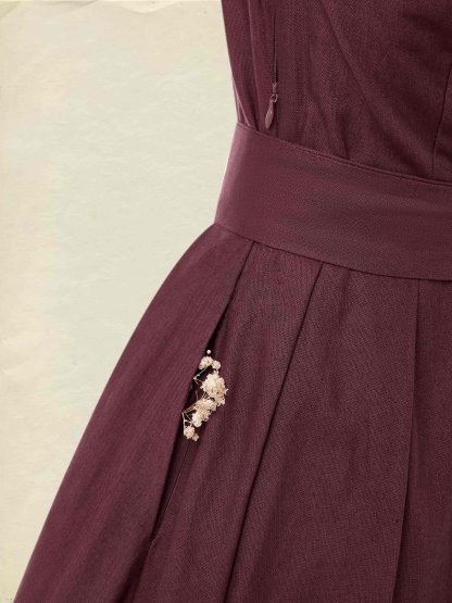 Midi Cotton Dress, Long Sleeves, One Shoulder, Plain, Belt Design, French Vintage, CAMEO BROWN - CAMEO BROWN