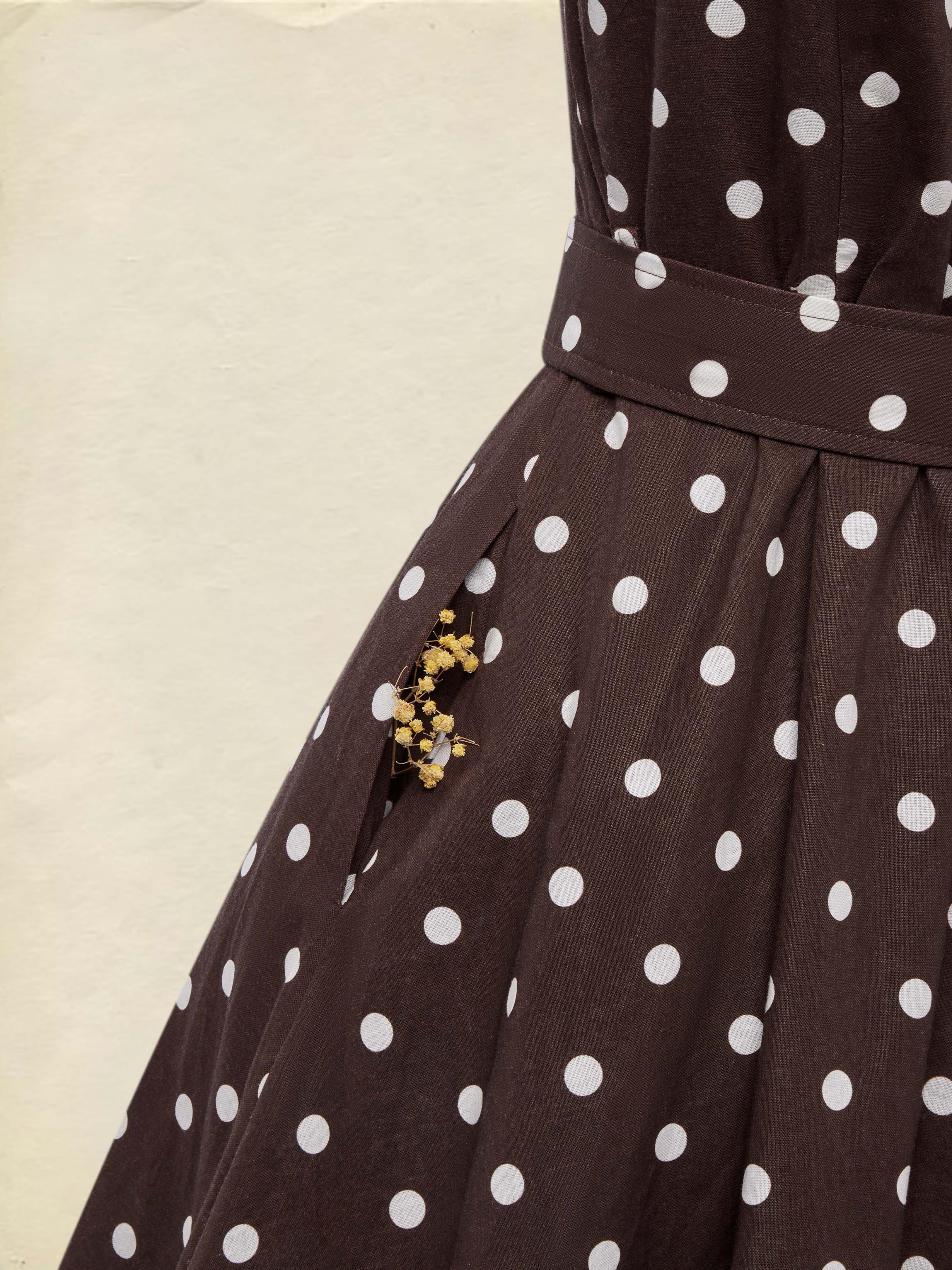 Midi Cotton Dress , Sleeveless, Shawl Collar, Polka Dots, Button Design, French Vintage, Coffee - Coffee