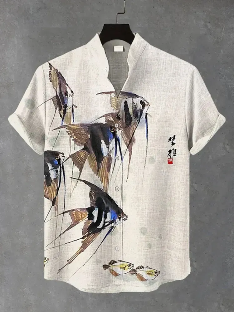 Men's Elegant Schools Of Fish Ink Art Print Short Sleeve Shirt - Light gray