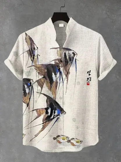 Men's Elegant Schools Of Fish Ink Art Print Short Sleeve Shirt - Light gray