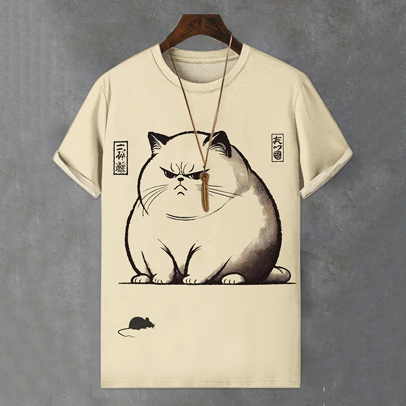 Men's Cat And Mouse Japanese Art Print Comfortable T-shirt - Beige
