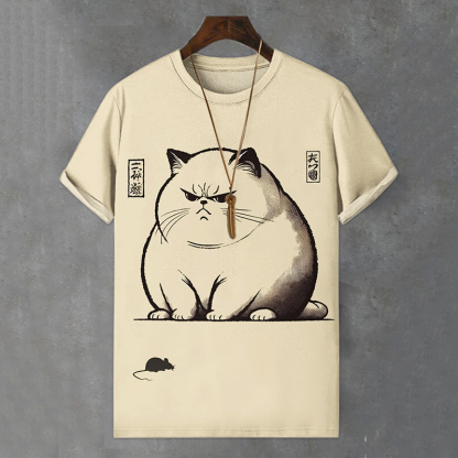 Men's Cat And Mouse Japanese Art Print Comfortable T-shirt - Beige