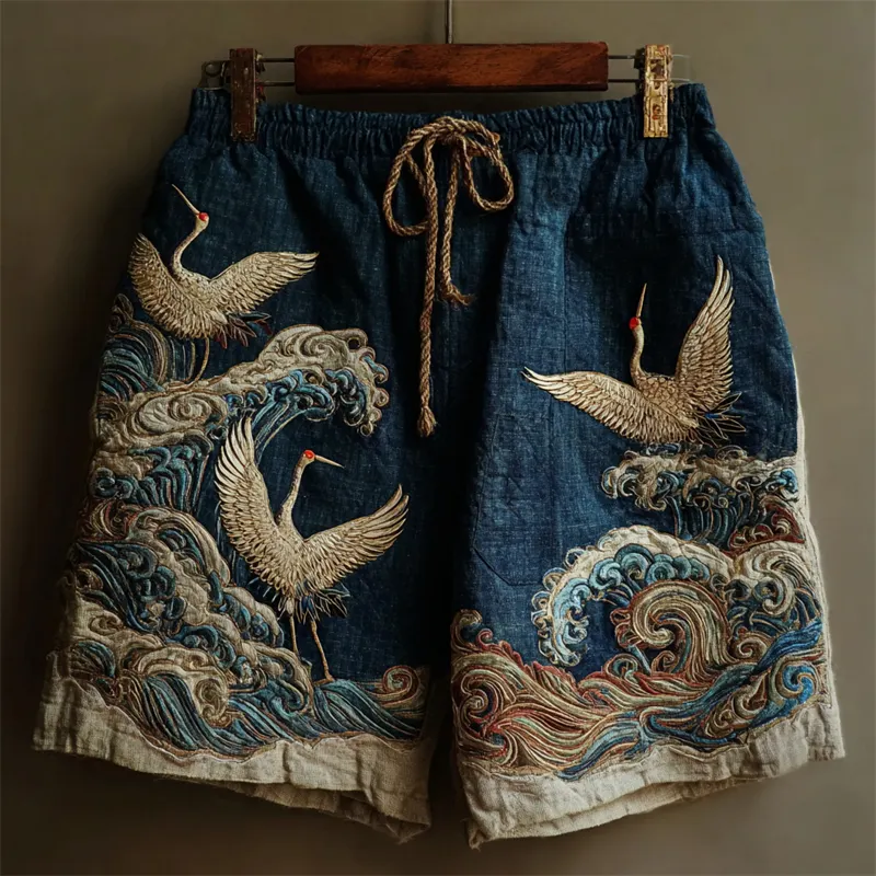 Japanese Cranes & Sea Waves Embroidered Linen Shorts - Navy blue