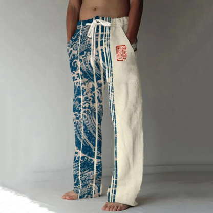 Men's Wave Art Print Casual Pants - Blue