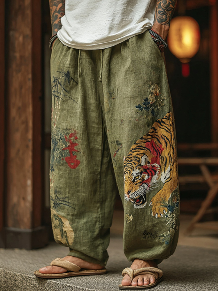 Men's Japanese Tiger Pattern Art Contrast Wide Leg Linen Pants - Green