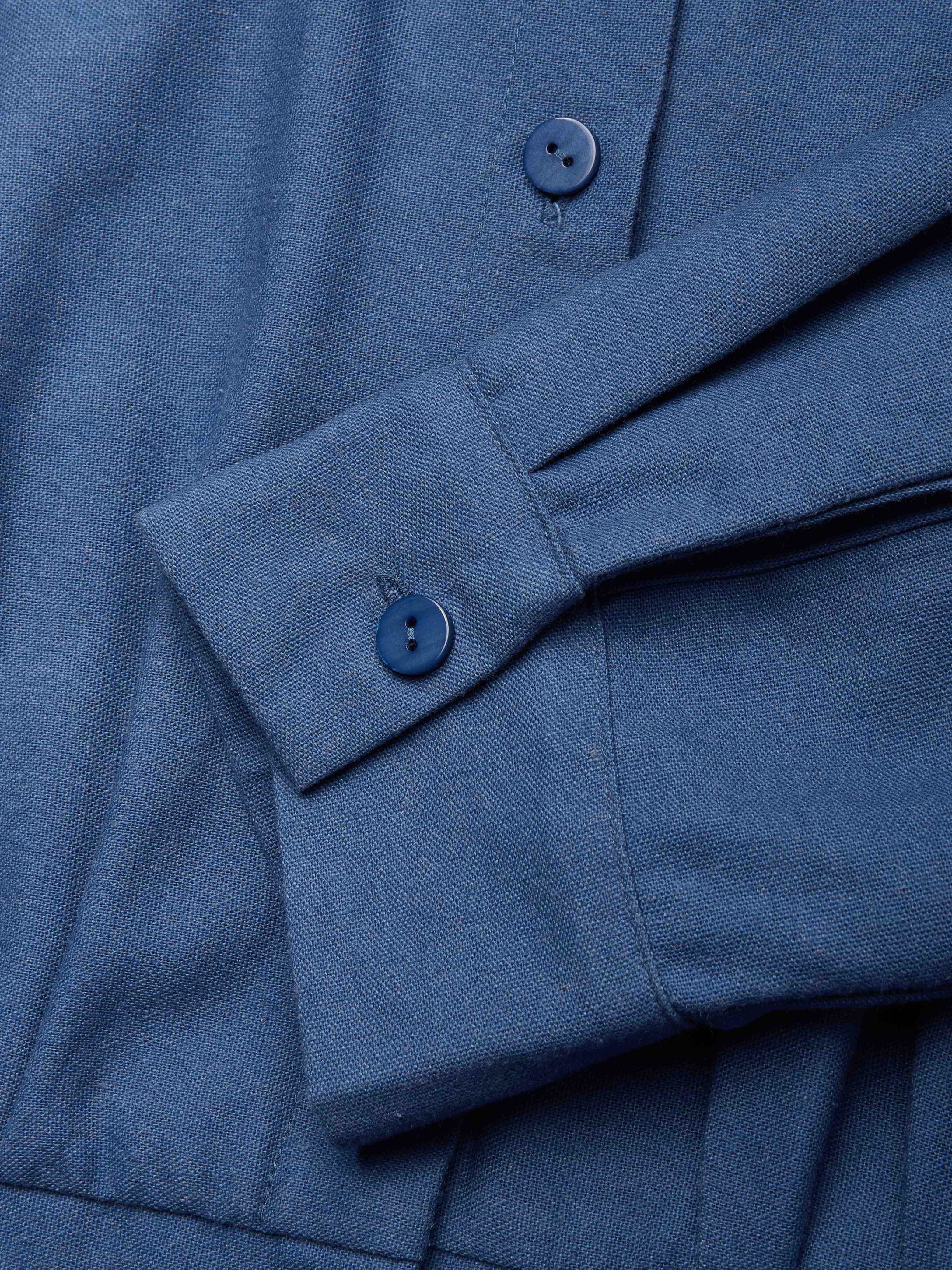 Midi Linen Dress, Half Sleeves, Shawl Collar, Plain, Button Design, Vintage, Dark_blue - Dark_blue
