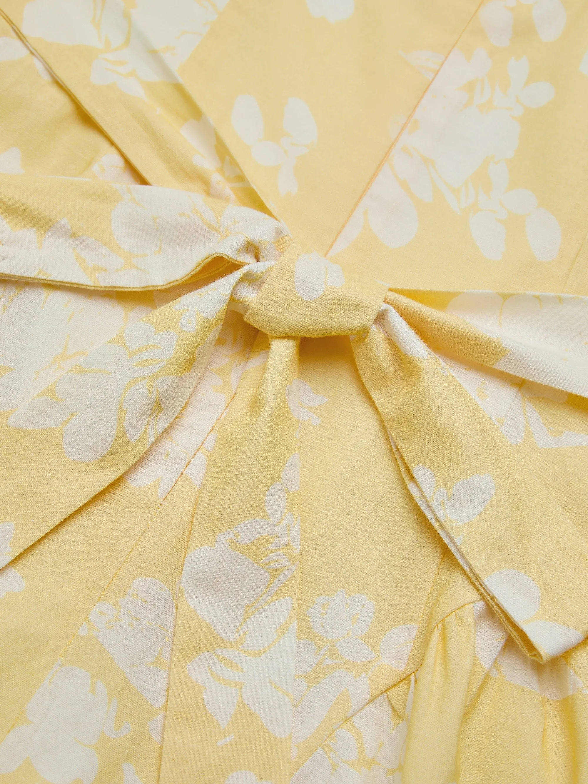 Midi Cotton Dress, Short Sleeves, Floral, French Vintage, Yellow - Yellow