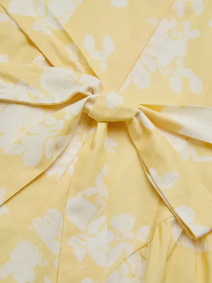 Midi Cotton Dress, Short Sleeves, Floral, French Vintage, Yellow - Yellow