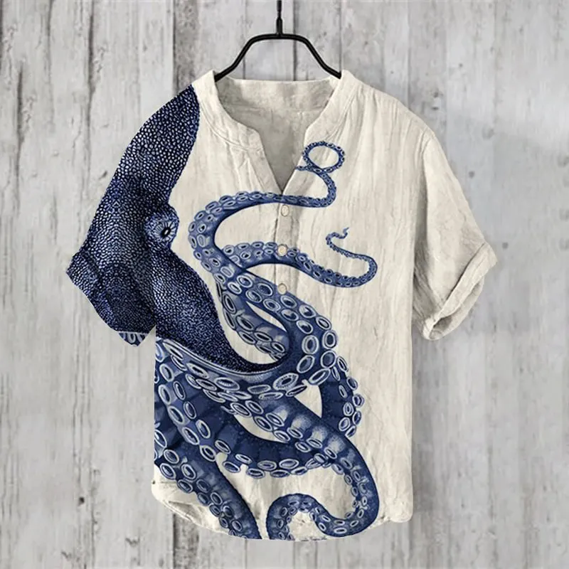 Japanese Art Octopus Graphic Printed Short Sleeve Shirt - Beige