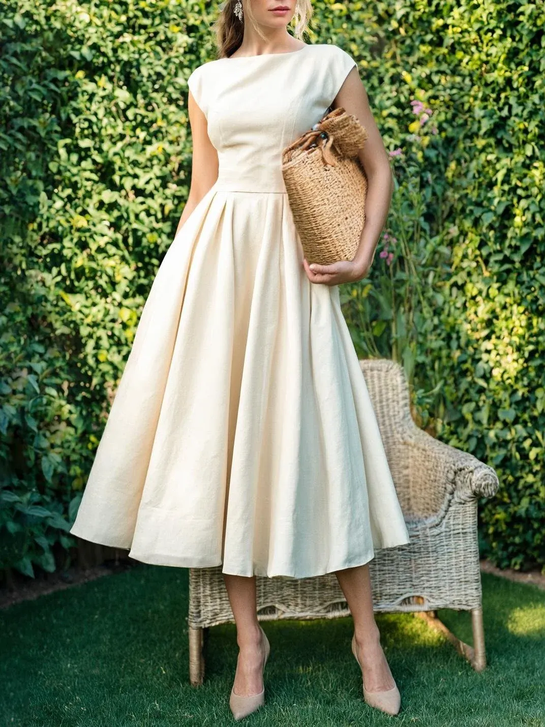 Linen Midi Dress, Cap Sleeve, Boat Neck, Plain, Vintage, Off White - Off White