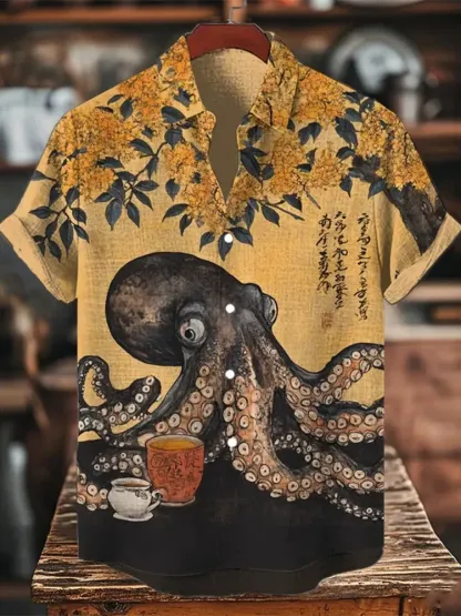 Men's Octopus Drinking Tea Under The Osmanthus Tree Art Print Short Sleeve Shirt - Yellow