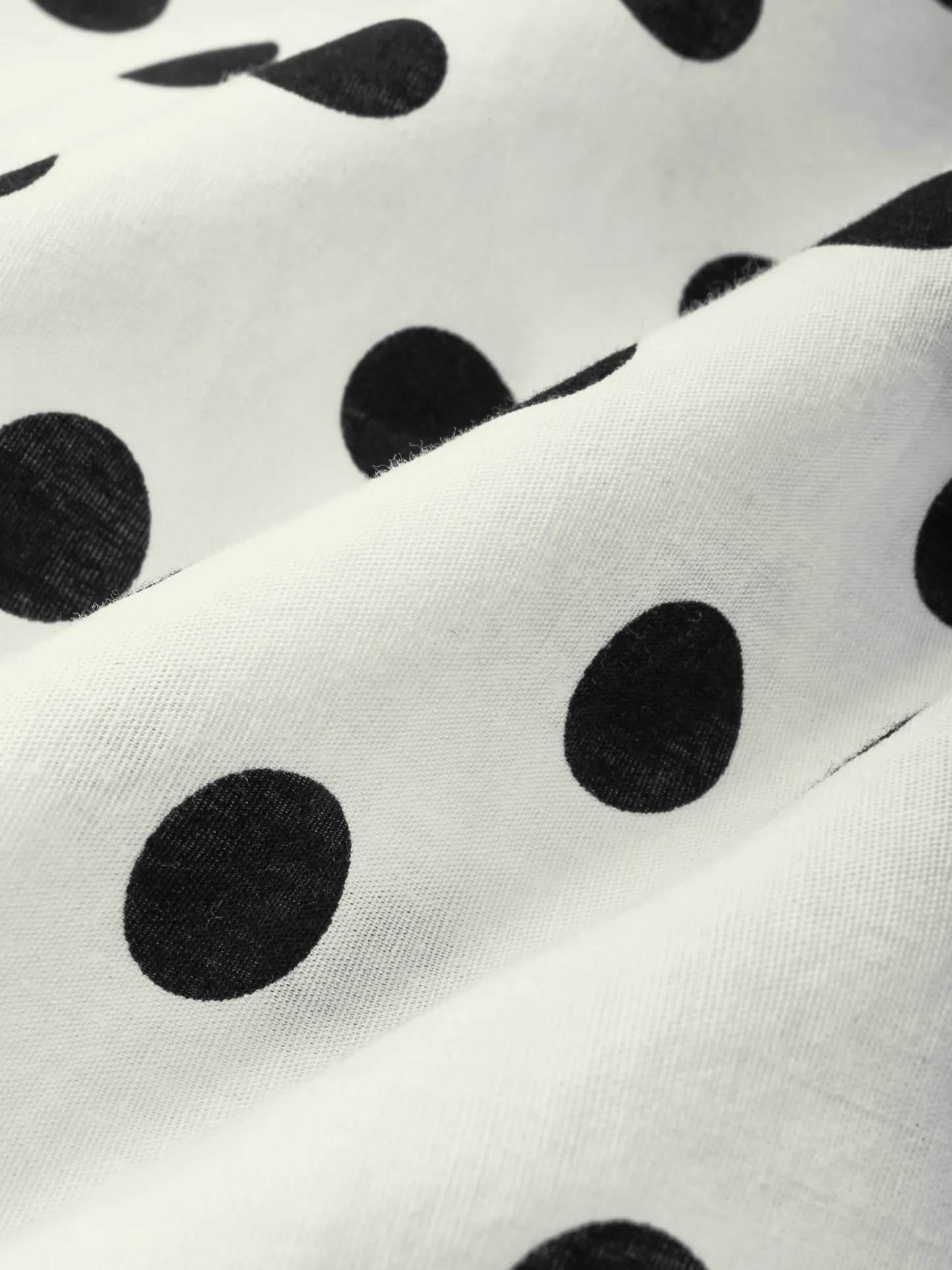 Midi Linen Dress, Long Sleeves, Lapel Collar, Polka Dots, Button Design, Vintage, Ivory - Ivory