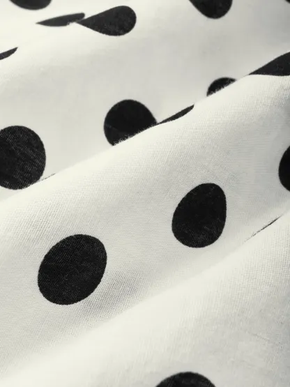 Midi Linen Dress, Long Sleeves, Lapel Collar, Polka Dots, Button Design, Vintage, Ivory - Ivory