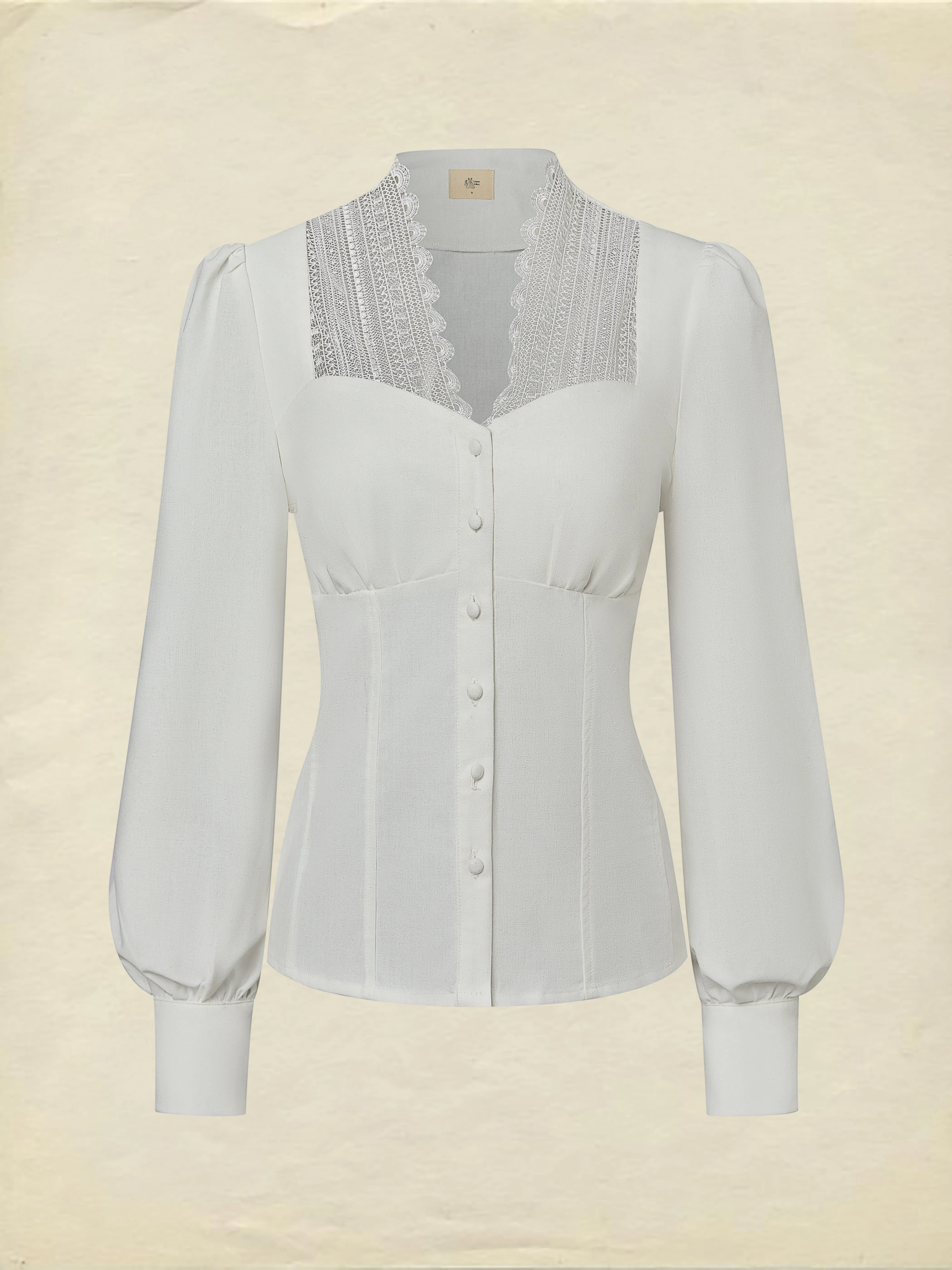 Linen Shirt, Long Sleeves,  Plain, Lace, French Vintage, White - White