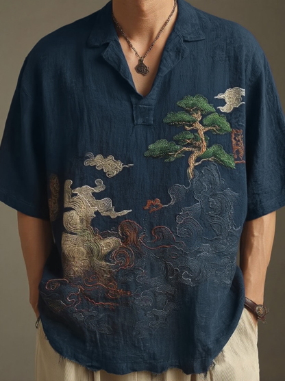 Men's Retro Landscape Embroidery Casual Lapel Short Sleeve Shirt - Grey