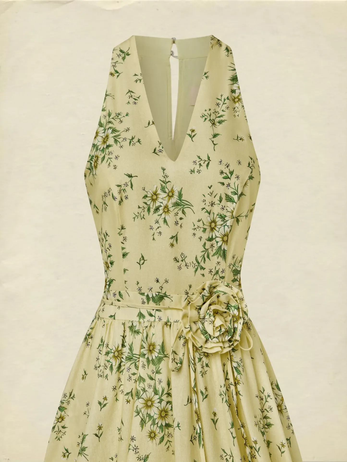 Maxi Cotton Dress, Sleeveless, V Neck, Floral, 3D Floral (Detachable), Vacation, Vintage, Yellow - Yellow