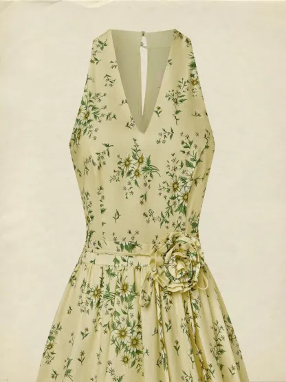 Maxi Cotton Dress, Sleeveless, V Neck, Floral, 3D Floral (Detachable), Vacation, Vintage, Yellow - Yellow