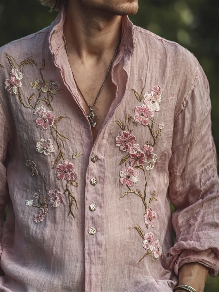 Men's Vintage Pink Cherry Blossom Embroidered Flowy Linen Shirt - Pink