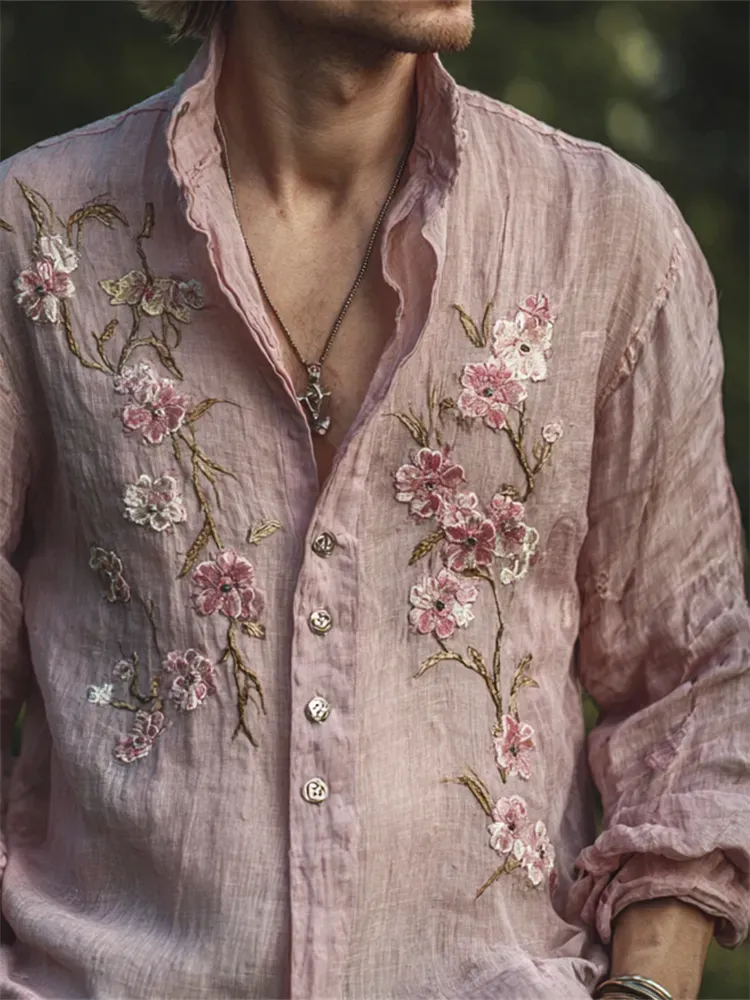 Men's Vintage Pink Cherry Blossom Embroidered Flowy Linen Shirt - Pink