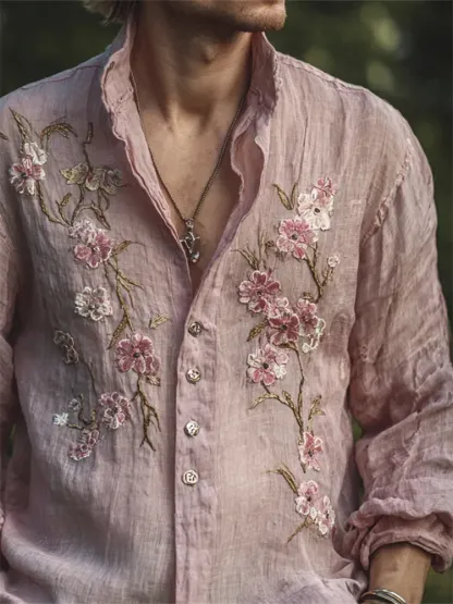 Men's Vintage Pink Cherry Blossom Embroidered Flowy Linen Shirt - Pink