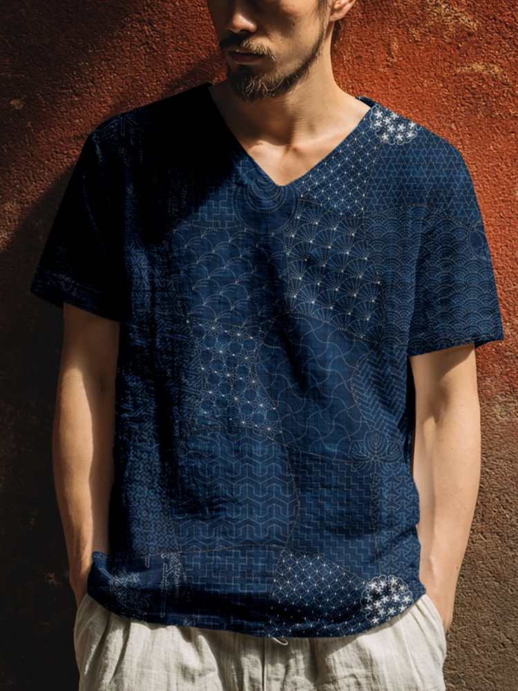Men's Japanese Traditional Sashiko Art Linen T Shirt - Black